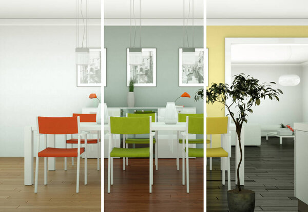 Splitted color variations of dining room interior design in modern appartment