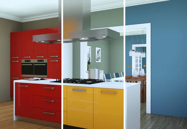 Podzielone kolorystycznych z nowoczesną kuchnię z piękny design — Zdjęcie stockowe