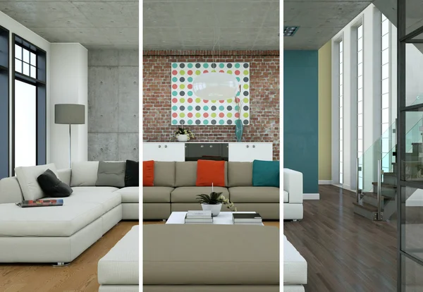 Σπλιτ χρωματικές παραλλαγές του interior design μιας σύγχρονης σοφίτας — Φωτογραφία Αρχείου