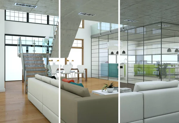 Variaciones de color divididas de un diseño interior loft moderno — Foto de Stock