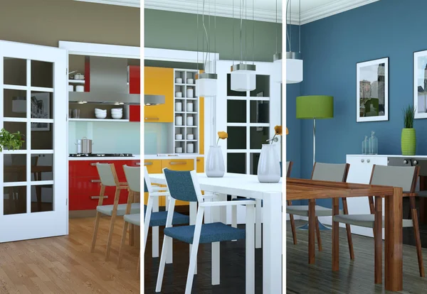 Splitted color variations of dining room interior design in modern appartment — Stock Photo, Image