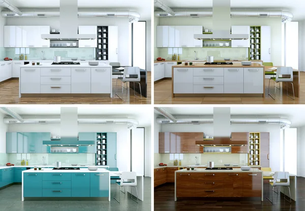 Τέσσερις χρωματικές παραλλαγές του μοντέρνα κουζίνα με όμορφη σχεδίαση — Φωτογραφία Αρχείου