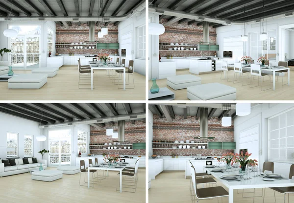 Quatro vistas do design moderno do loft interior — Fotografia de Stock
