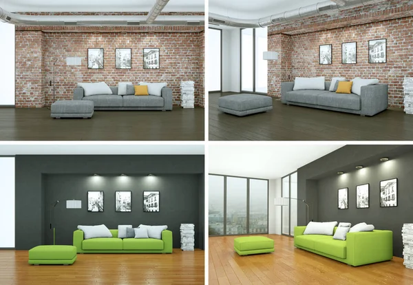 Vier weergaven van moderne interieur loft design — Stockfoto