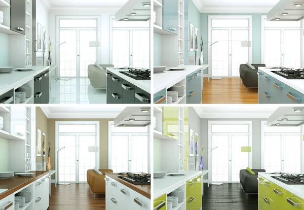 Quatro variações de cores da cozinha moderna com um belo design — Fotografia de Stock