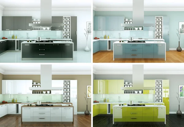四现代厨房的颜色变化与一个美丽的设计 — 图库照片