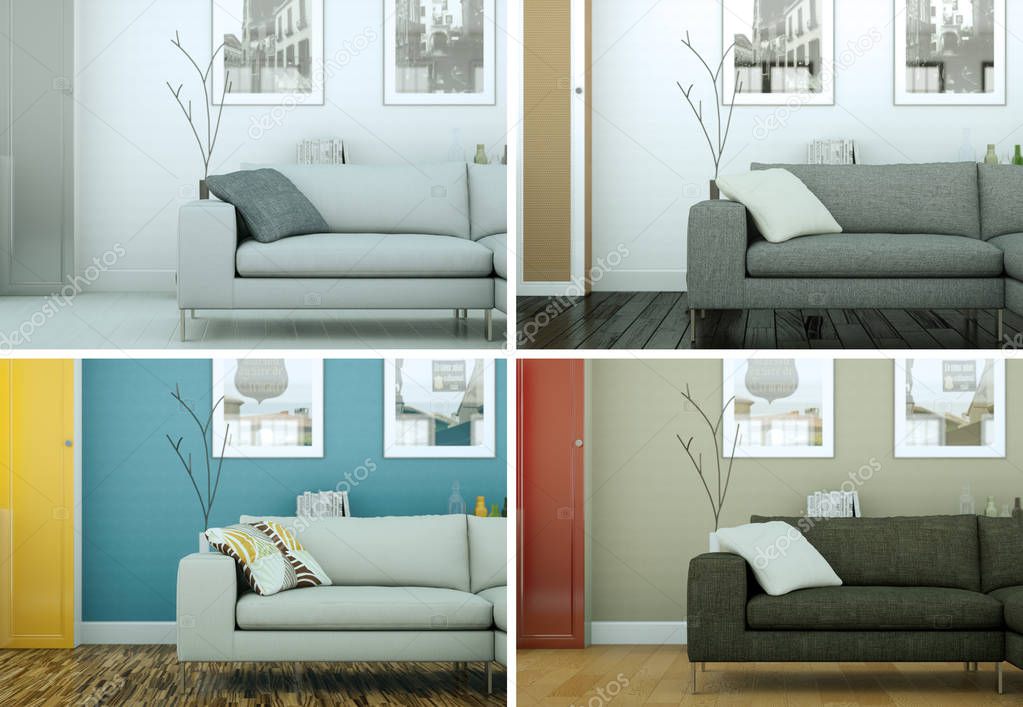 Four color variations of bright room with sofa