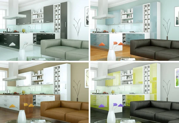 Négy színváltozatban világos szoba kanapéval — Stock Fotó