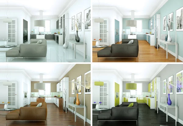 Čtyři barevné varianty světlý pokoj s pohovkou — Stock fotografie