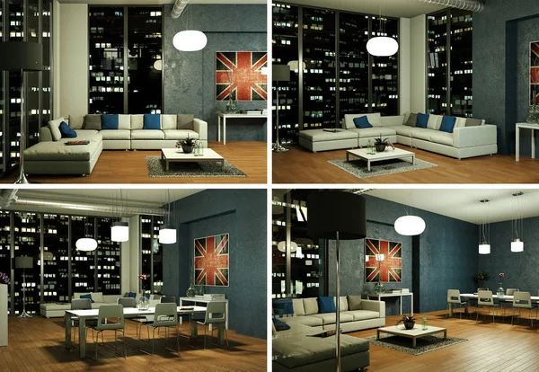 Four views of modern interior loft design — Stock Photo, Image
