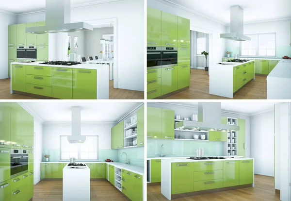 Quatro vistas da cozinha moderna com um belo design — Fotografia de Stock