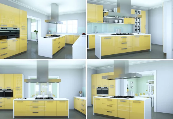 Cuatro vistas de la cocina moderna con un hermoso diseño — Foto de Stock
