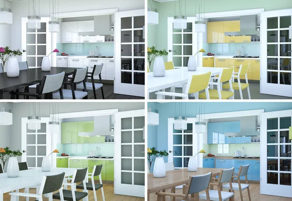 Четыре цветовых вариации дизайна интерьера столовой в современной квартире — стоковое фото