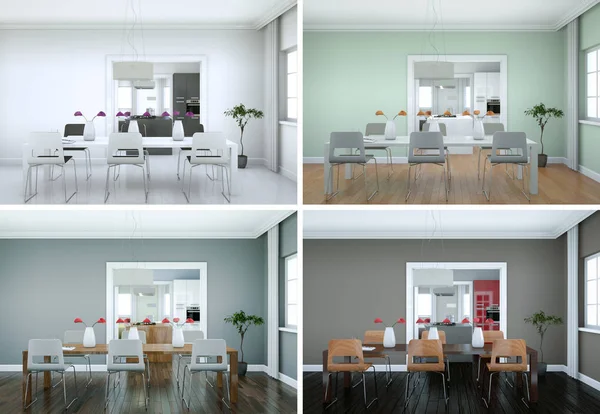 Τέσσερις χρωματικές παραλλαγές του interior design τραπεζαρία σε μοντέρνο διαμέρισμα — Φωτογραφία Αρχείου