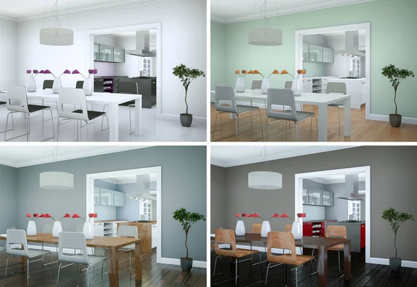현대 아파트에서 다 이닝 룸 인테리어 디자인의 4 개의 색깔 변이 — 스톡 사진