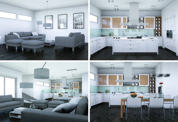 Four views of modern interior loft design — Stock Photo, Image