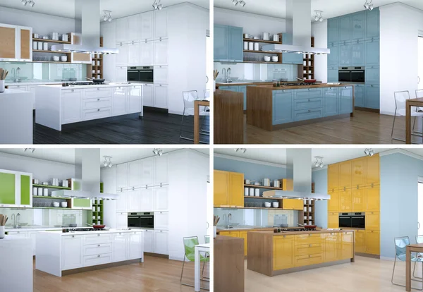 Fyra olika färgvarianter av modernt kök med en vacker design — Stockfoto
