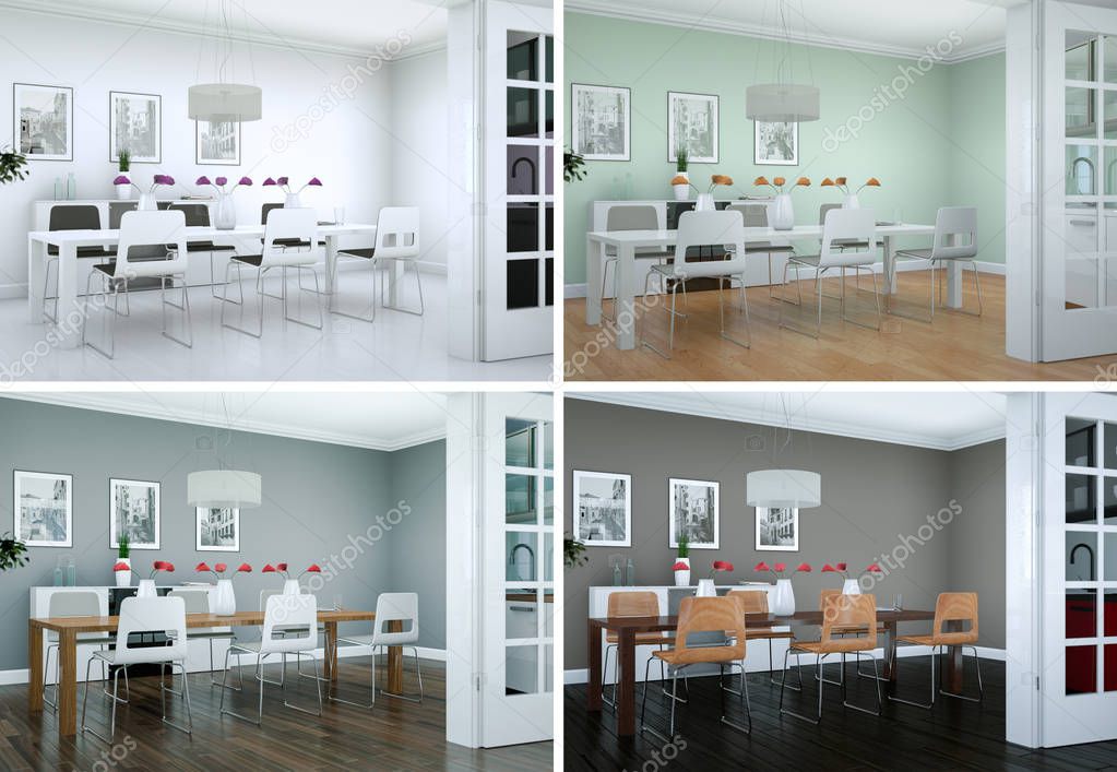 Four color variations of dining room interior design in modern appartment