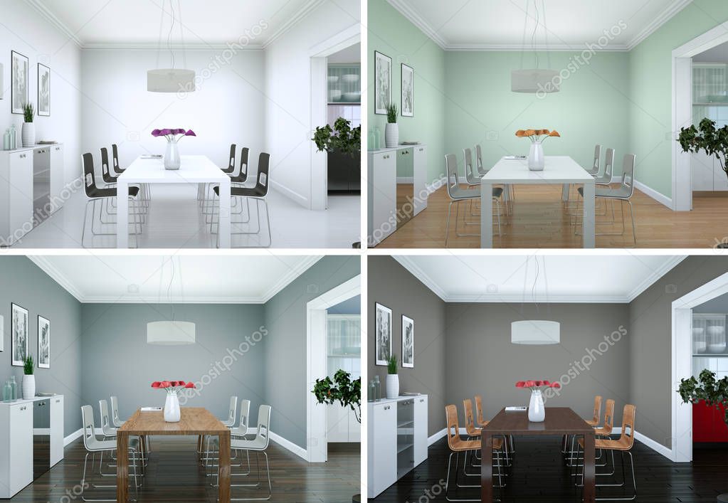 Four color variations of dining room interior design in modern appartment