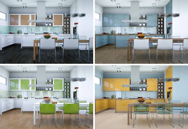 Четыре цветовых вариации современной кухни с красивым дизайном — стоковое фото