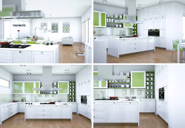 Fyra visningar av modernt kök med en vacker design — Stockfoto