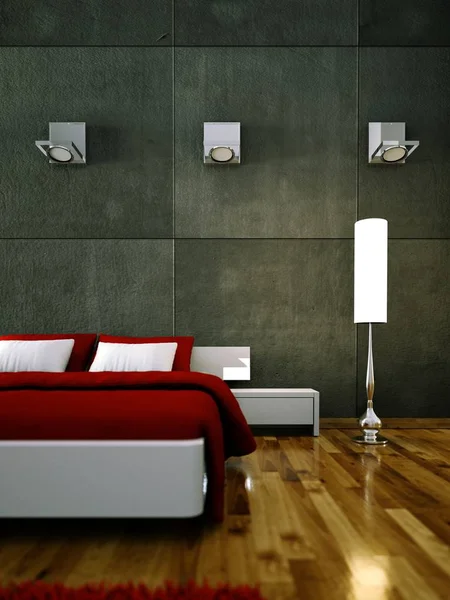 Camera Letto Moderna Con Muro Cemento Arredamento Moderno Illustrazione — Foto Stock