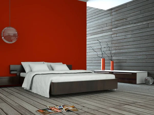 Modern bedroom with red wall and modern decor — Stock Photo, Image