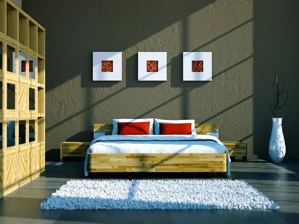 Nowoczesna sypialnia z betonową ścianą i nowoczesny wystrój — Zdjęcie stockowe