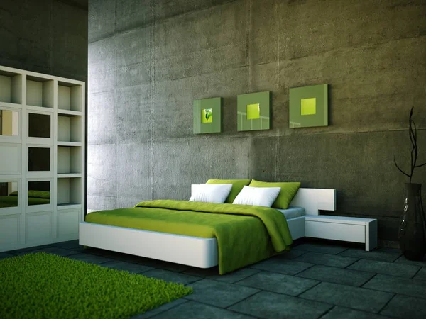 Kamar tidur modern dengan dinding beton dan dekorasi modern — Stok Foto