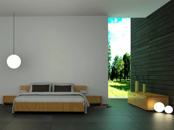 Modern bedroom with wooden wall and modern decor — Stock Photo, Image