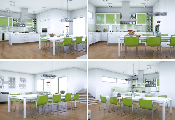 Cuatro vistas del diseño interior del comedor en un apartamento moderno — Foto de Stock