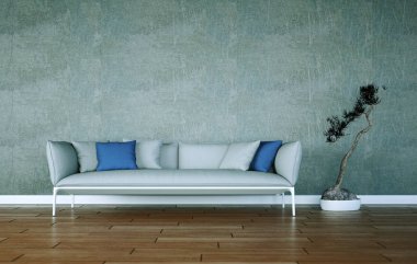 Bir pencerenin önünde gri kanepe ile parlak Oda