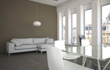 Kahverengi bir duvarın önünde beyaz kanepe ile parlak Oda