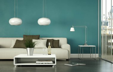 Mavi duvar önünde beyaz kanepe ile parlak Oda