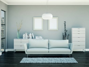 Gri bir duvar önünde beyaz kanepe ile parlak Oda