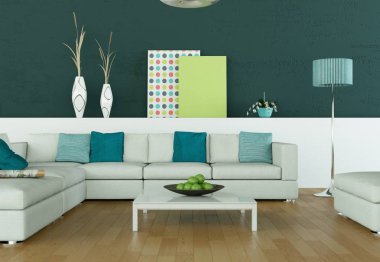 Yeşil duvar önünde beyaz kanepe ile parlak Oda