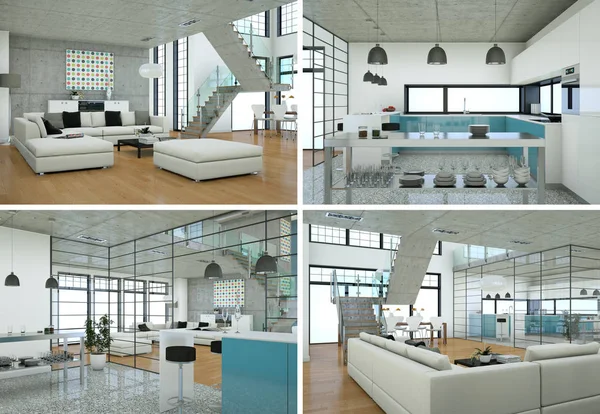 Cuatro vistas del moderno diseño de loft interior —  Fotos de Stock