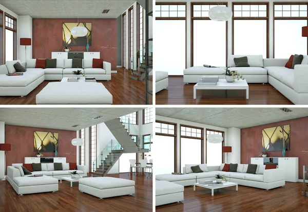 Four views of modern interior loft design — Stock Photo, Image