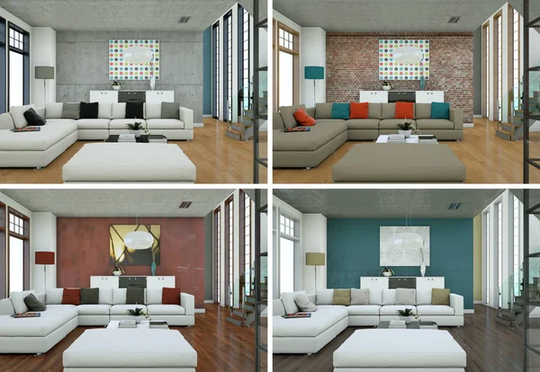 Cztery kolory odmiany nowoczesne wnętrza loftu — Zdjęcie stockowe