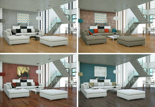 Čtyři barevné varianty návrhu moderní interiérové podkroví — Stock fotografie