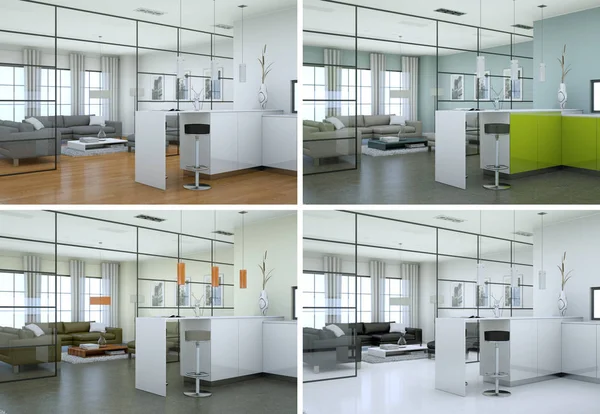 Quatro vistas da cozinha moderna com um belo design — Fotografia de Stock