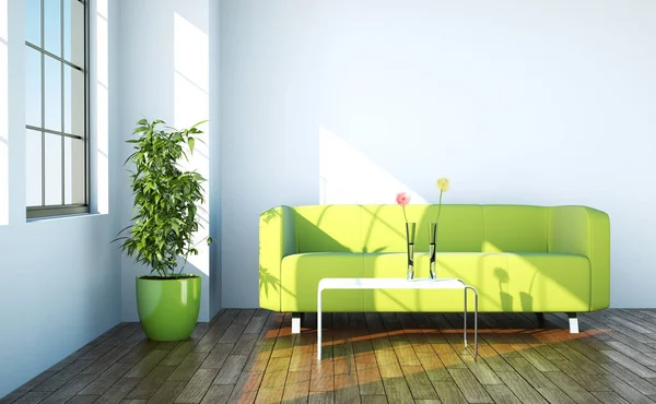 Camera luminosa con divano verde davanti a una finestra — Foto Stock