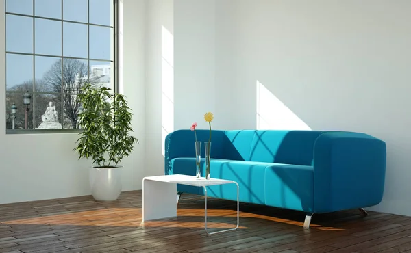 Φωτεινό δωμάτιο με μπλε καναπέ μπροστά από ένα παράθυρο — Φωτογραφία Αρχείου