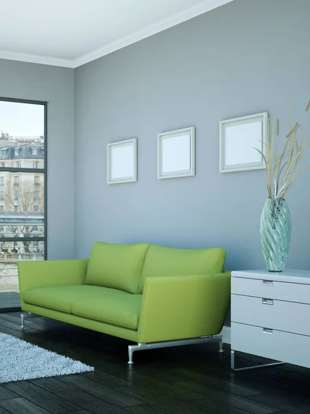 Chambre lumineuse avec canapé vert devant un mur gris — Photo