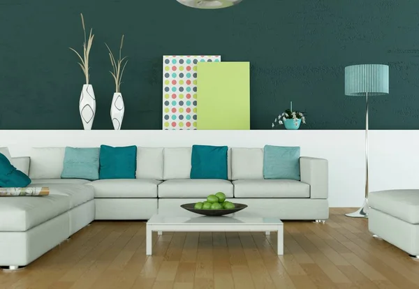 Habitación luminosa con sofá blanco frente a una pared verde — Foto de Stock