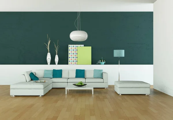 Habitación luminosa con sofá blanco frente a una pared verde — Foto de Stock