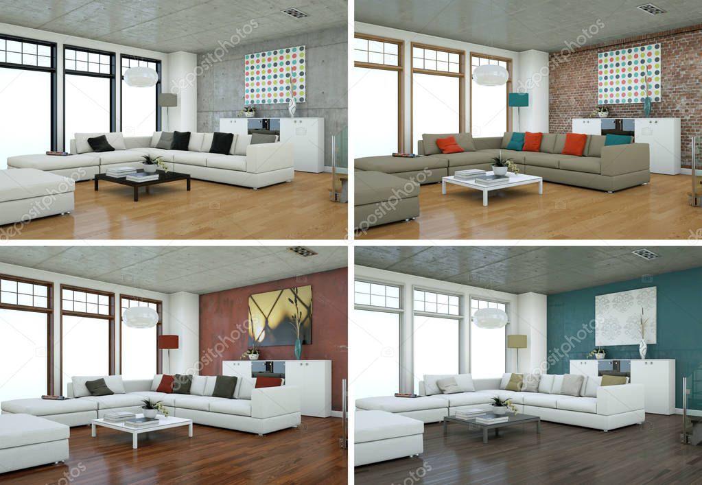 Four color variations of modern interior loft design