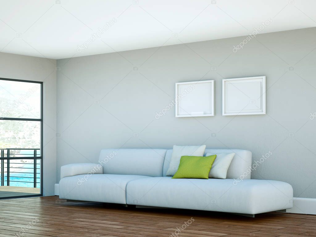 Bright room with white sofa in front of a grey wall