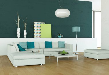 Yeşil duvar önünde beyaz kanepe ile parlak Oda