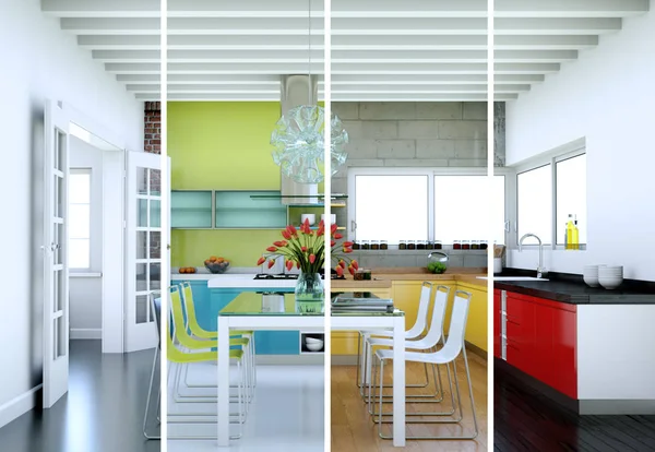 Разделенные цветовые вариации современной кухни с красивым дизайном — стоковое фото